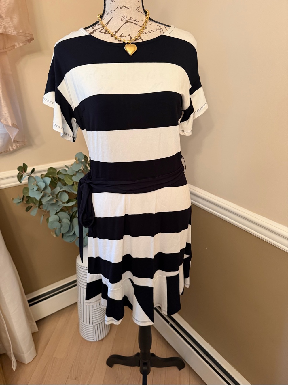 LOFT Navy White Stripe Knit Dress Tie Waist Petite 4P